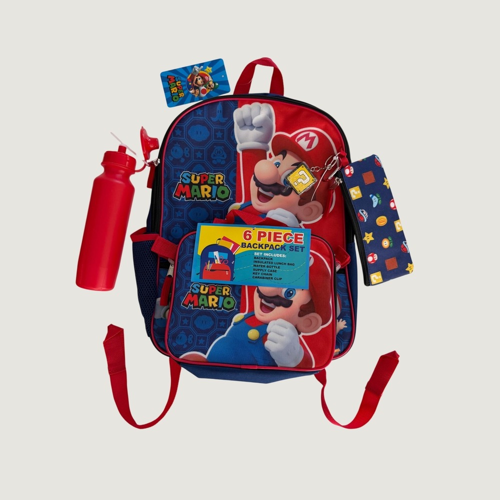 Bioworld Super Mario Kids 6 Piece Backpack Set Lunch Bag Water Bottle Red Blue